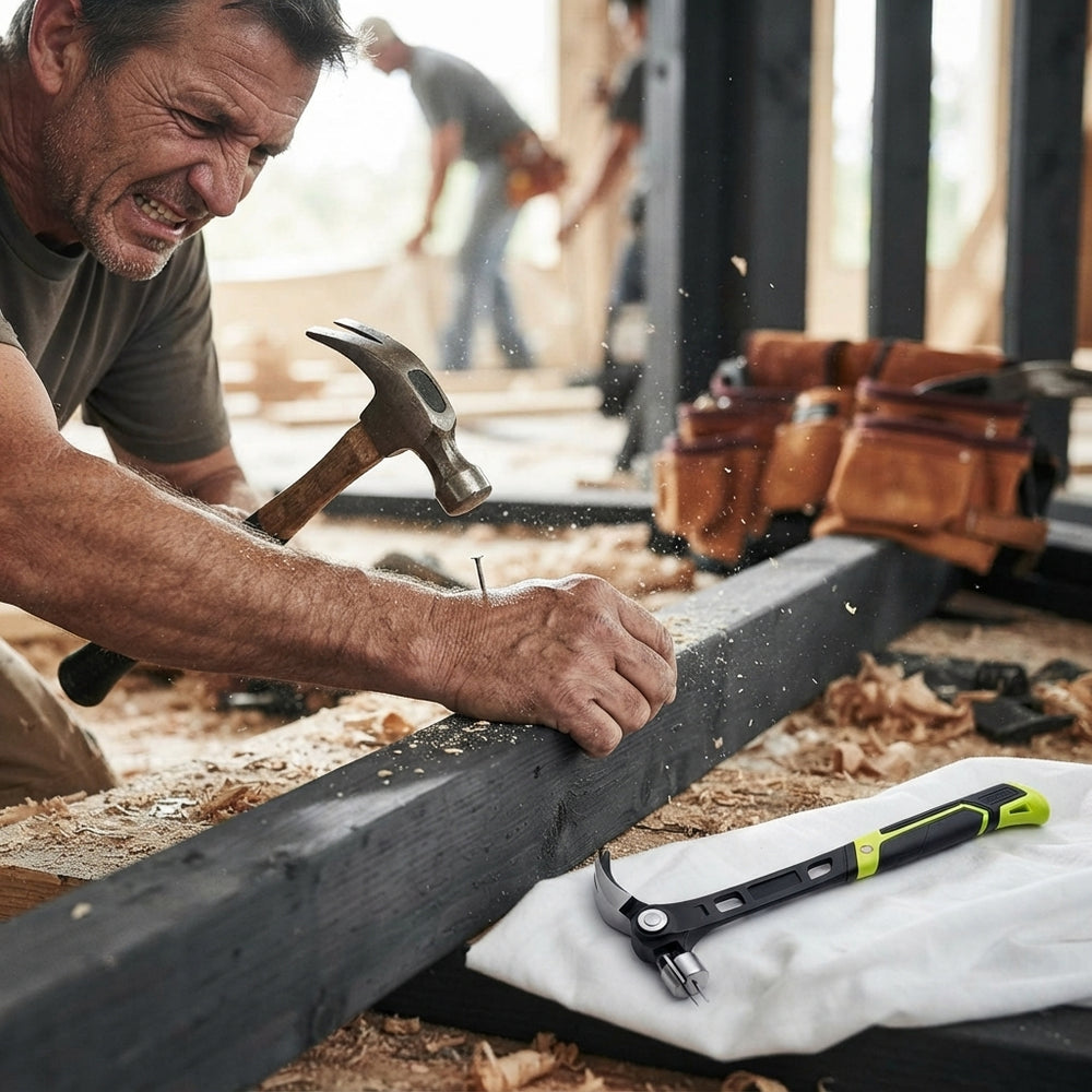 A carpenter struggling to hold a nail and a hammer on a busy construction site, demonstrating the inefficiency of manual nail