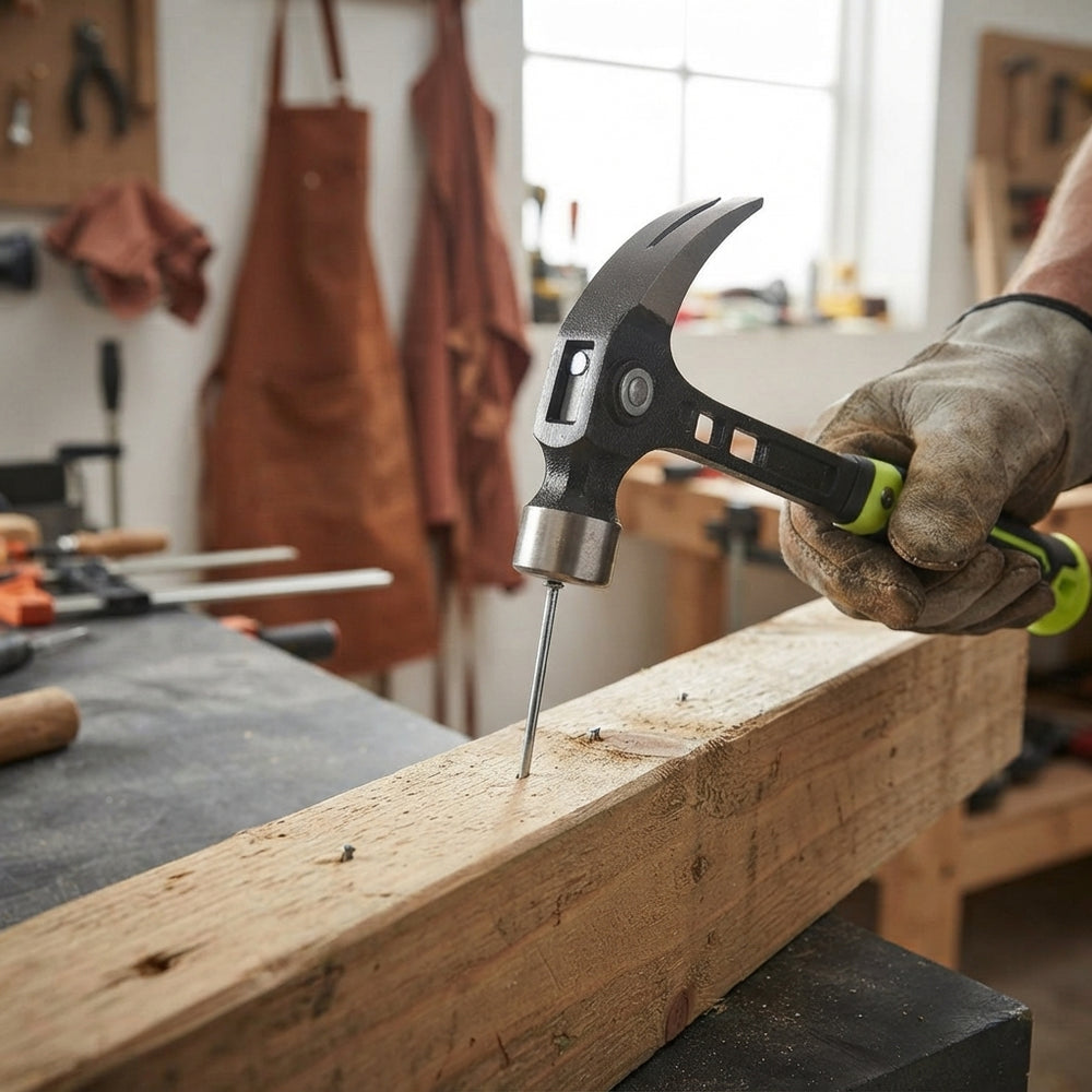 A professional carpenter using a 16 oz claw hammer with a magnetic nail starter to drive a nail into a wooden board.